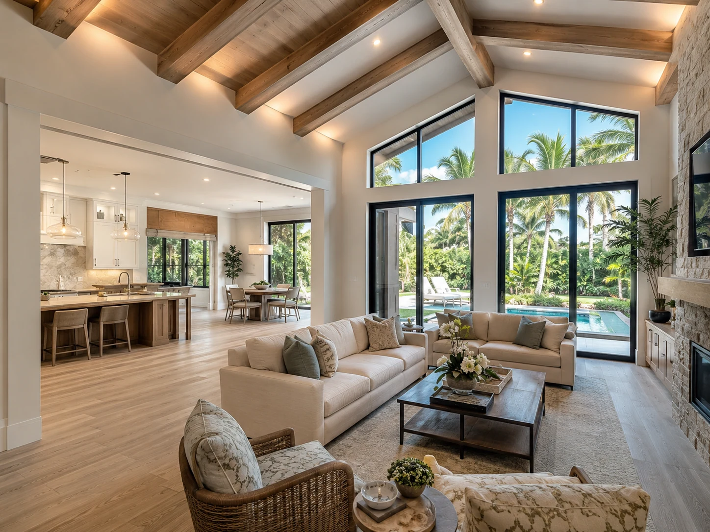 High-end custom home addition interior connecting living, kitchen, dining, and poolside spaces