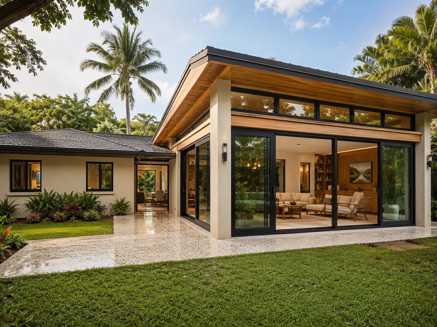 High-end indoor-outdoor home addition with expansive glass doors and tropical landscaping