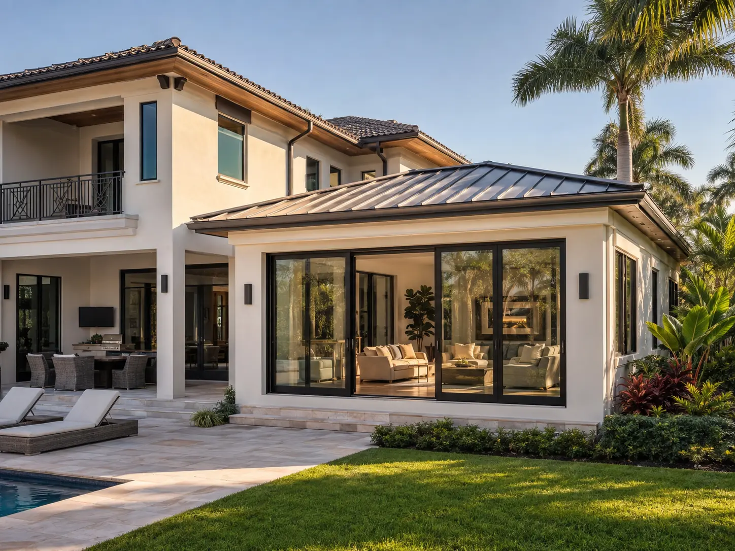 Luxury Southwest Florida home addition with expansive glass doors and poolside living